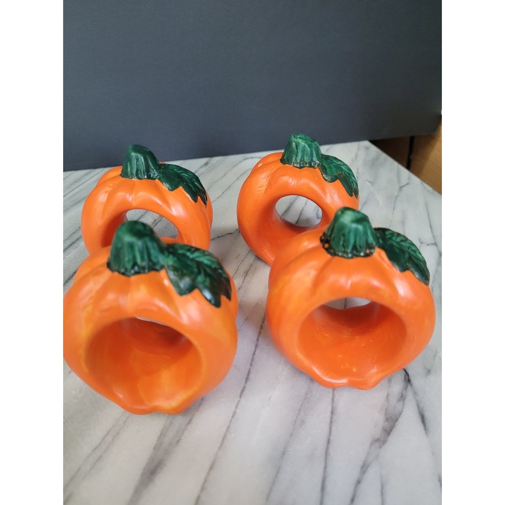 Vintage Ceramic Pumpkin Napkin Rings Set Of 4 Halloween Fall Thanksgiving 3"